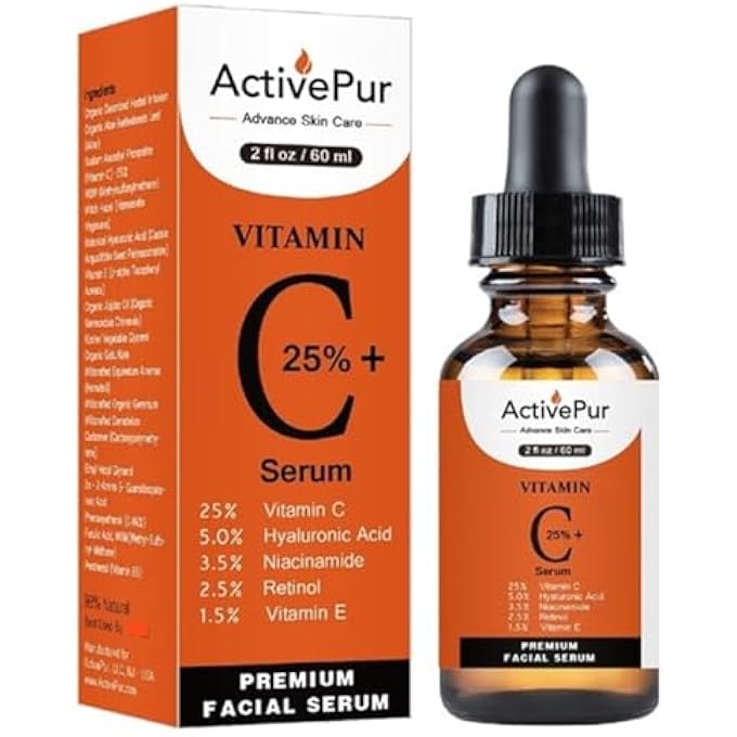 ActivePur 25% VITAMIN C SERUM FOR FACE (2 OZ/60 ML) VITAMIN E+B5, HYALURONIC ACID SERUM FOR FACE RETINOL FERULIC ACID NIACINAMIDE COLLAGEN, ANTI AGING WRINKLE AGE SPOTS EYE CIRCLES SKIN MOISTURIZER - Image 1